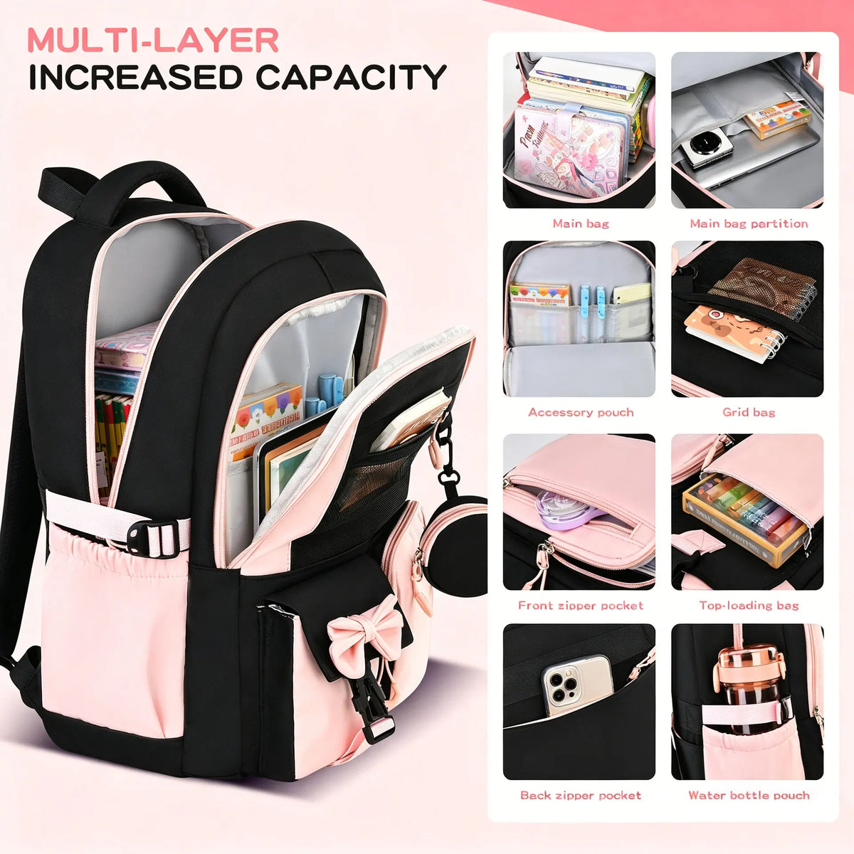 Multi-layer increased capacity pink and black backpack set with various compartments