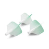 A pair of precision dart flights with a big wing shape and graduated light green colors shown from the side.