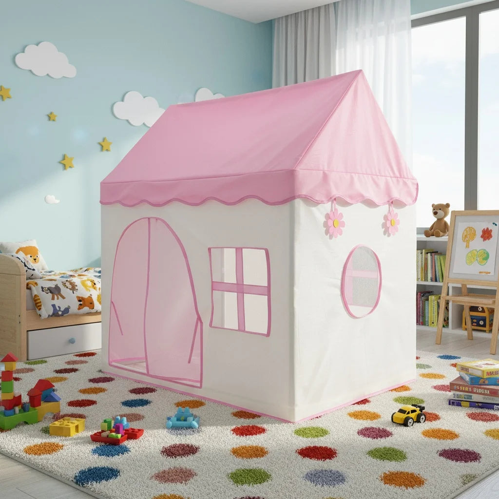 A pink floral playhouse tent with a pitched roof stands on a rug in a bright room.