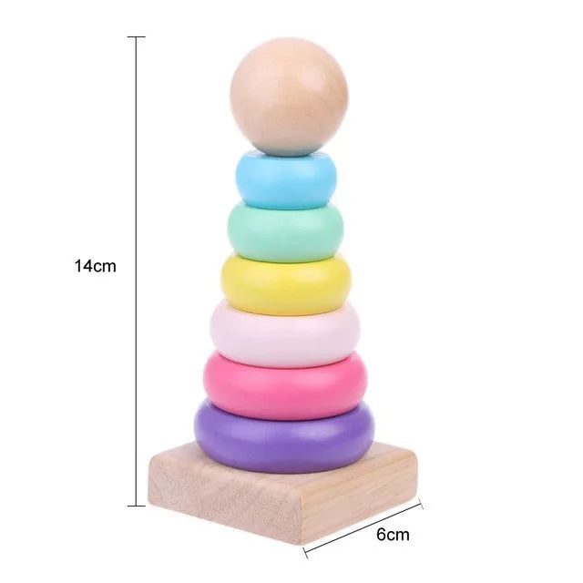 A stack of wooden alphabet number and shape puzzle boards in various pastel colors, showing the height and base.