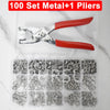 A clear plastic container holds a set of 100 metal pliers and various metal snap buttons for crafts.