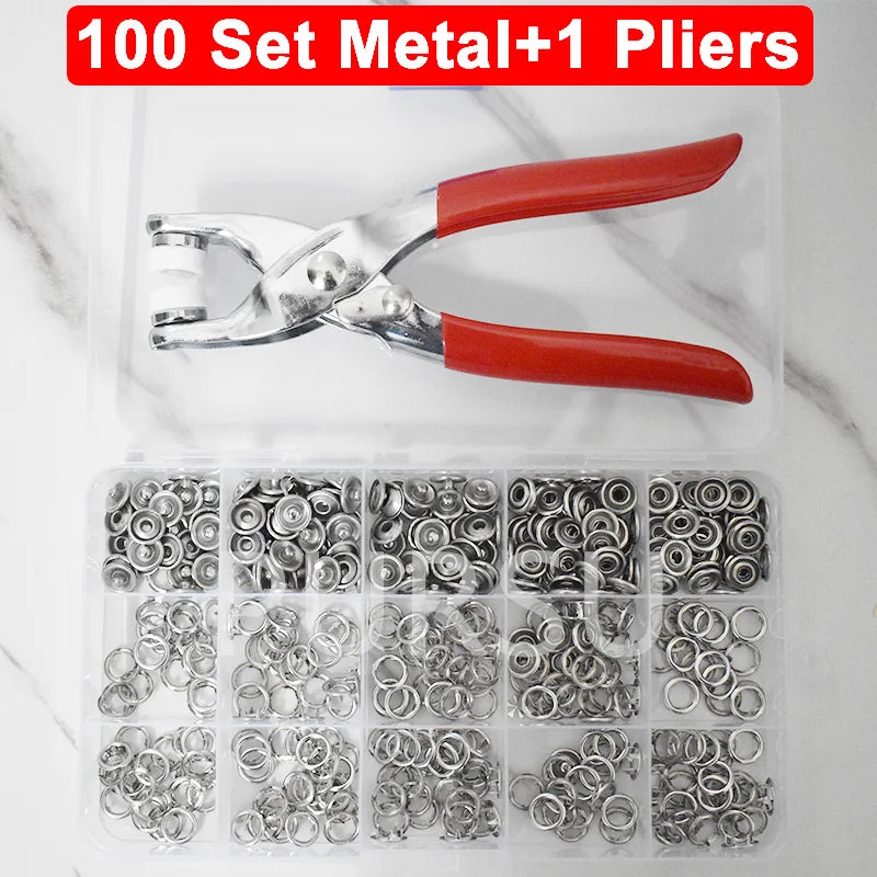 A clear plastic container holds a set of 100 metal pliers and various metal snap buttons for crafts.