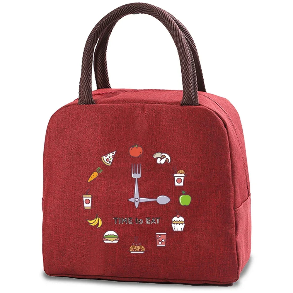 A maroon insulated lunch bag featuring various food icons like a fork, sandwich, and apple.