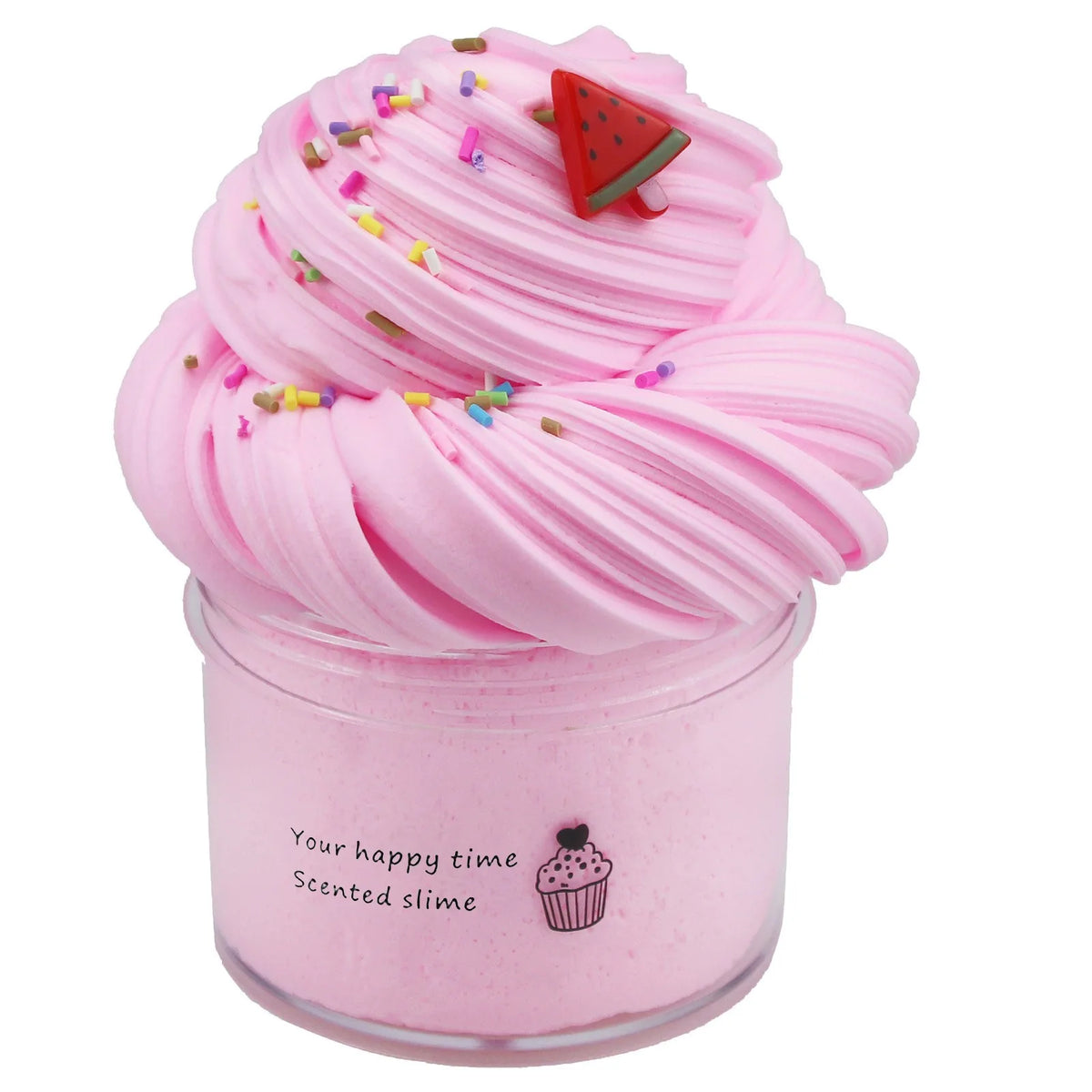 Pink scented slime in a jar with a strawberry decoration