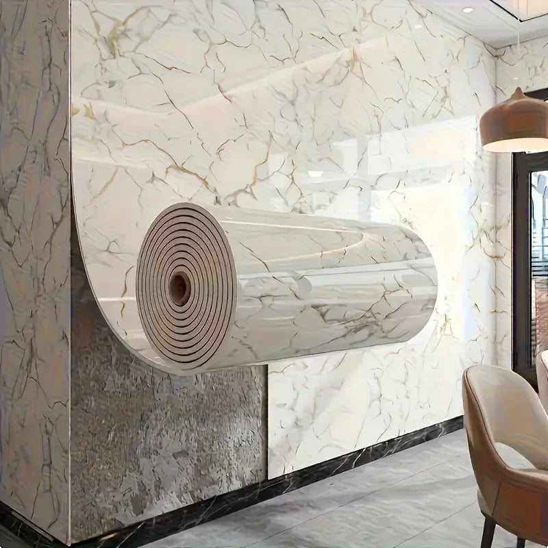 A close-up of a cylindrical marble peel-and-stick wall panel with white and gray veining mounted on a modern interior wall.