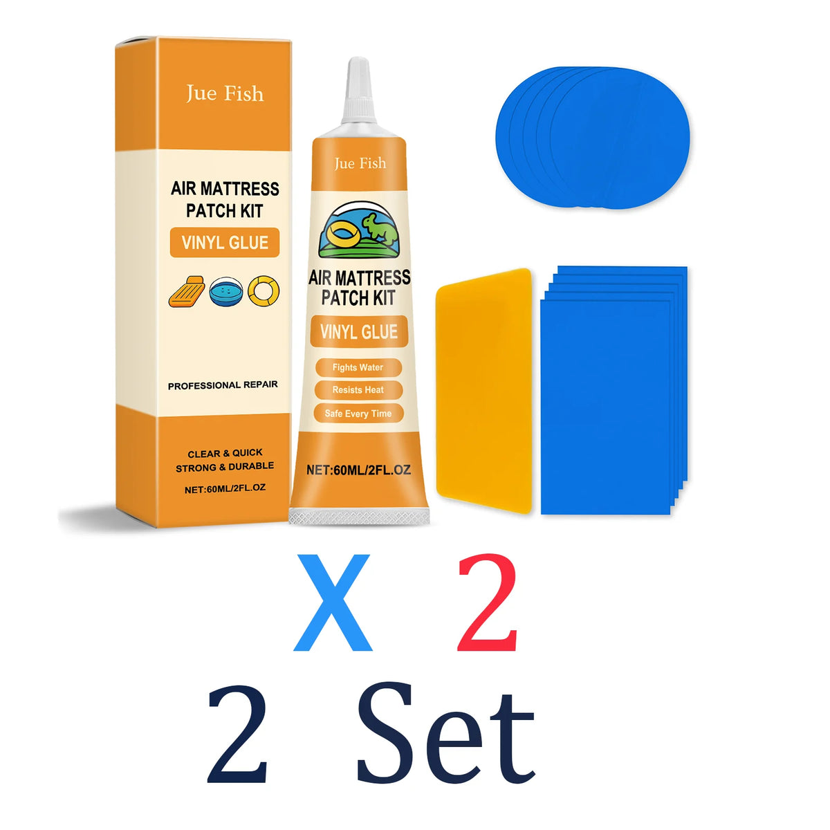 Two sets of Jue Fish air mattress patch kits containing vinyl glue and patches for professional repair.