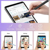 A hand holds a dual-nib capacitive stylus pen writing on a tablet screen.