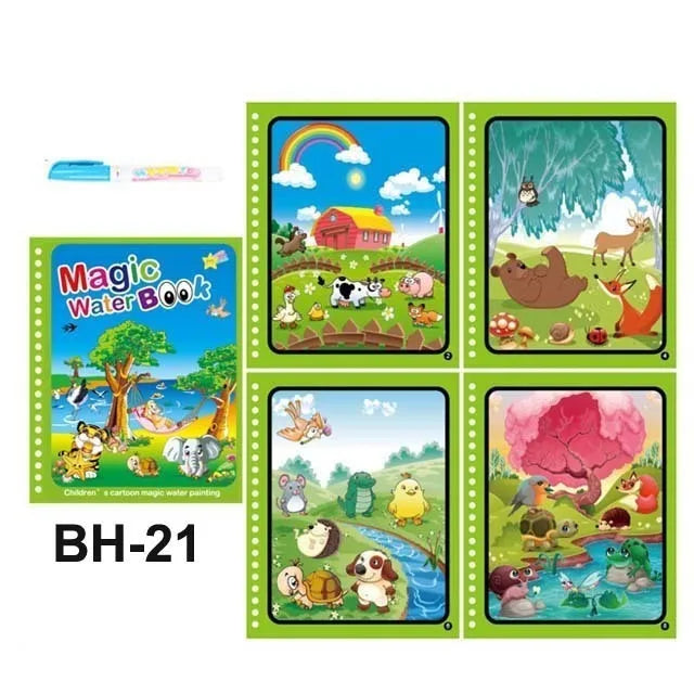A set of eight pages from a Magic Water Book featuring colorful illustrations of nature and animals.