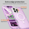 A clear purple phone case with a pink silicone edge protection and a camera guard feature.
