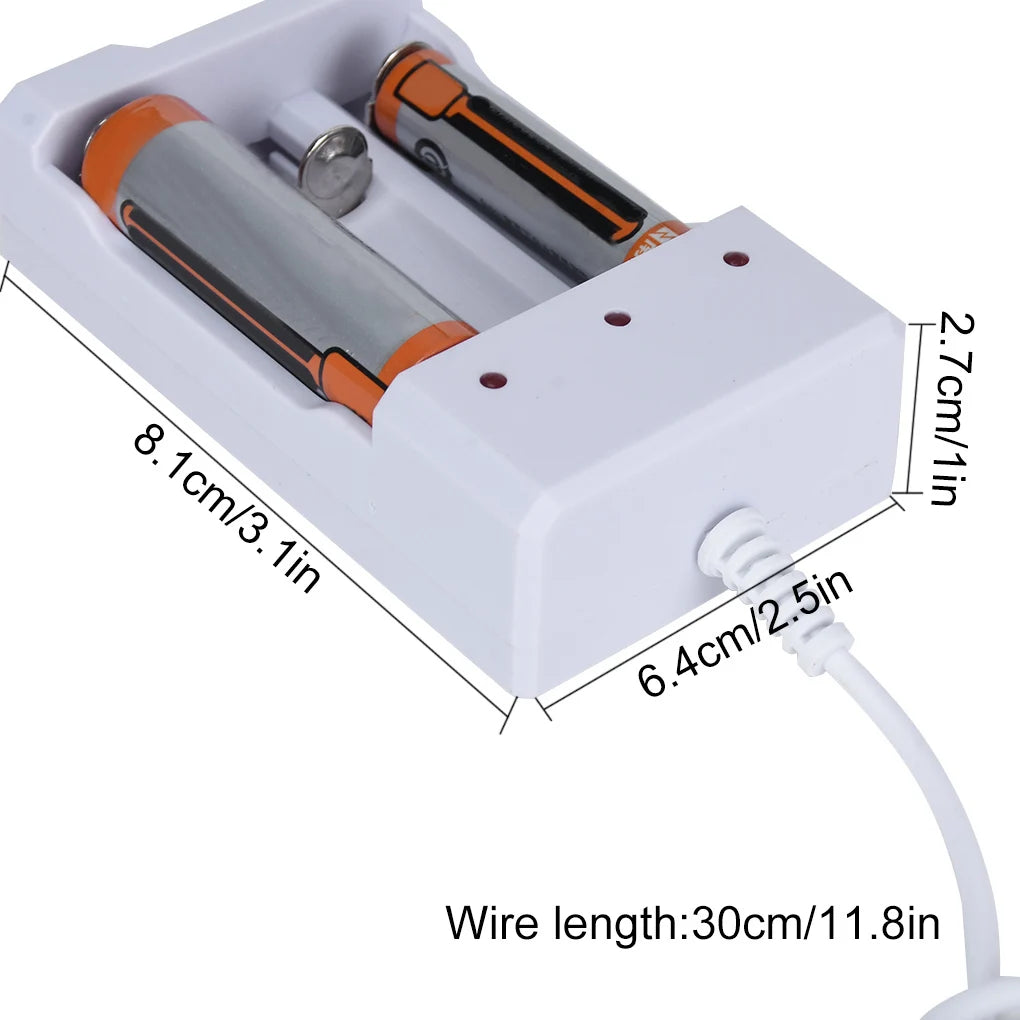 A white charger device with a wire, designed to charge AA and AAA rechargeable batteries.