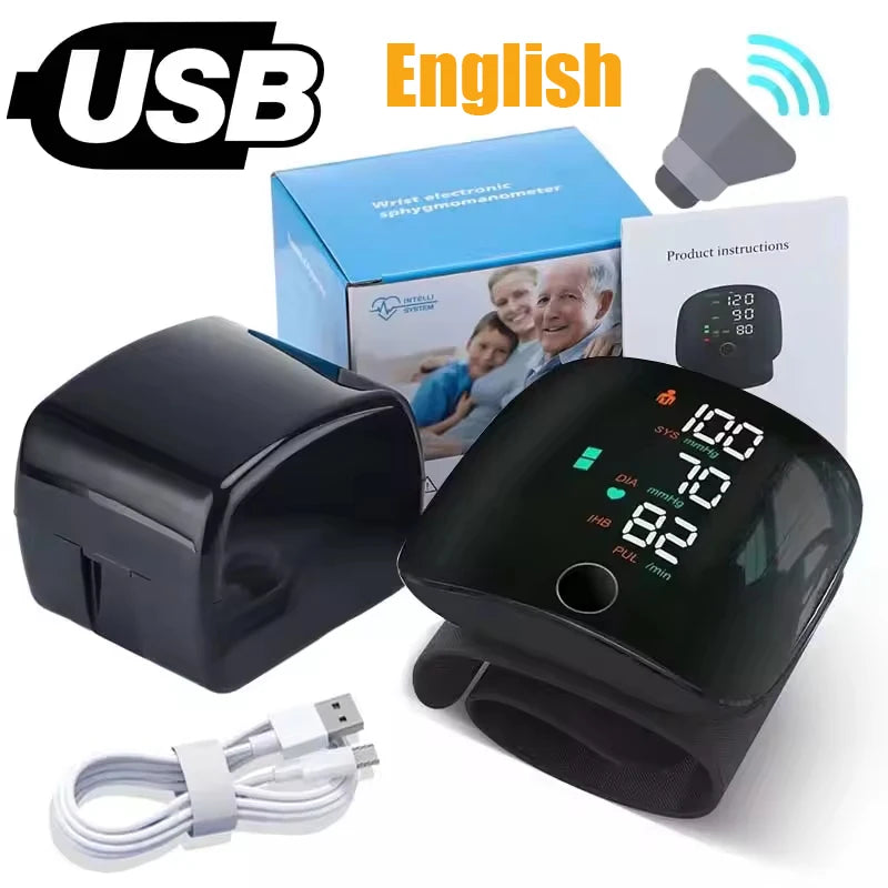 A black portable automatic wrist blood pressure monitor device and its accompanying instructions box.