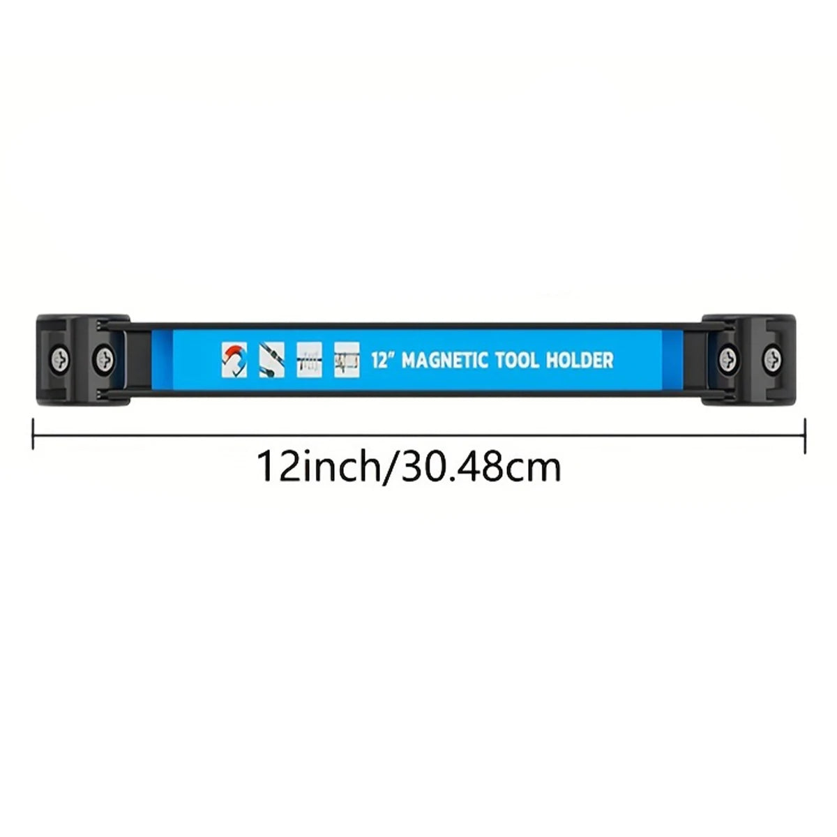 A blue 12 inch magnetic tool holder bar with mounting brackets.