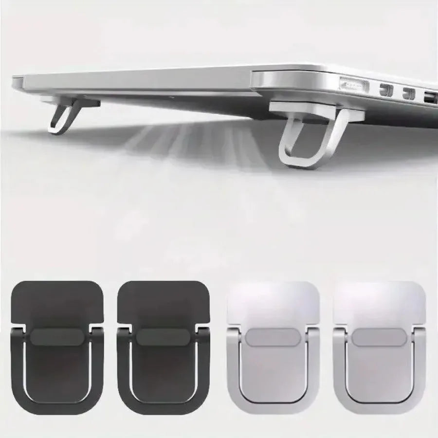 A silver aluminum laptop riser with adhesive mounting pads shown from the side.