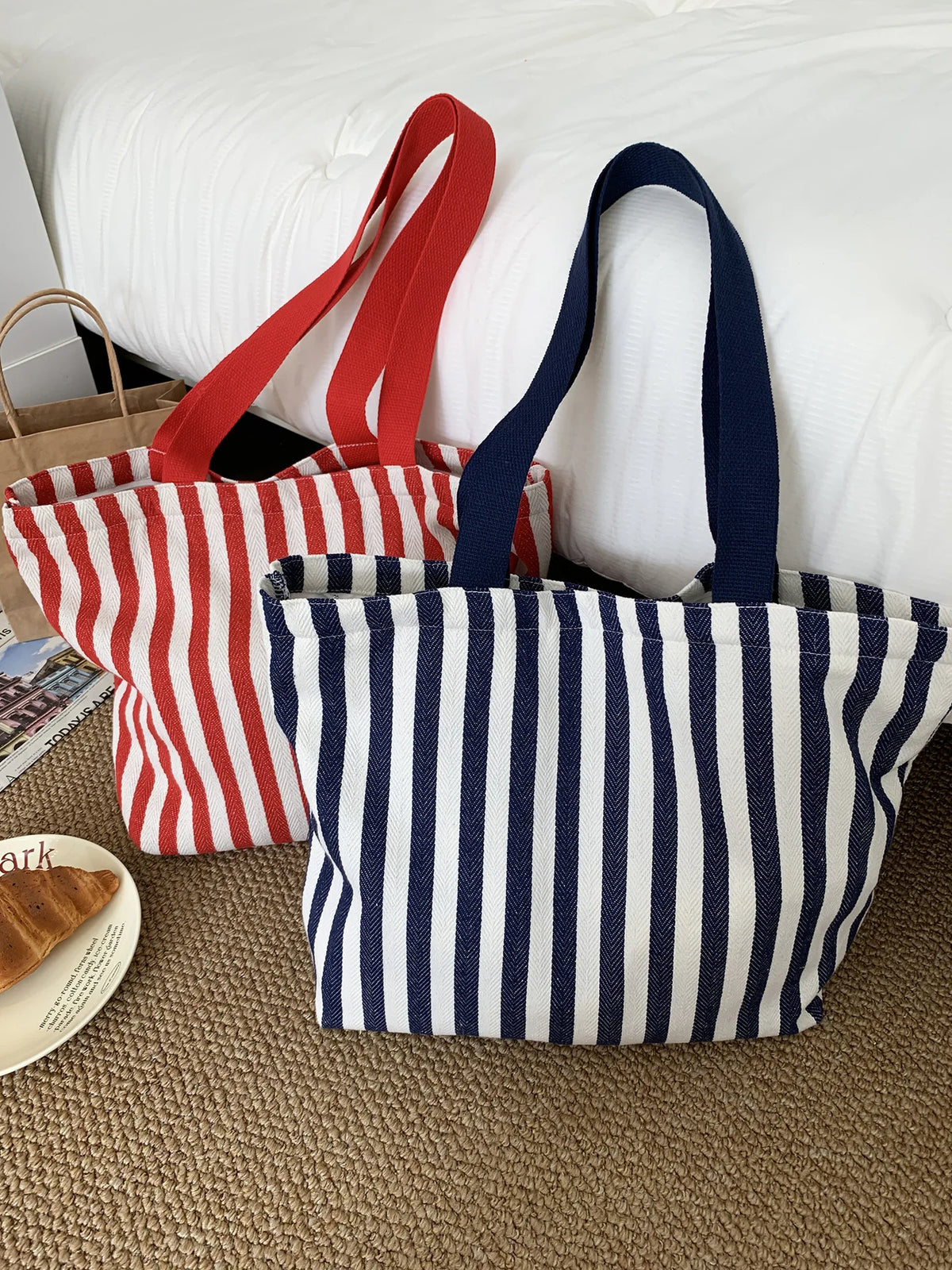 Striped Canvas Shoulder Tote Bag