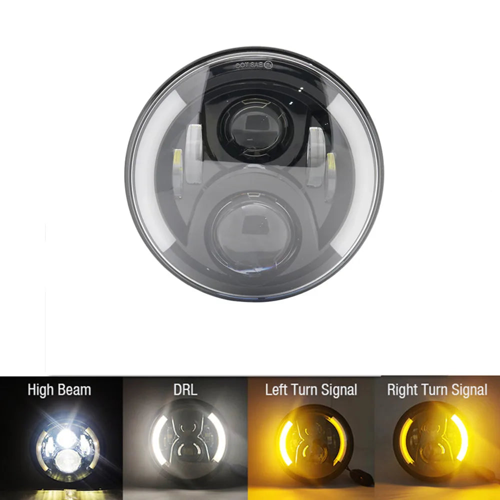 A circular 7-inch LED headlight assembly showing high beam, DRL, and turn signal functions.
