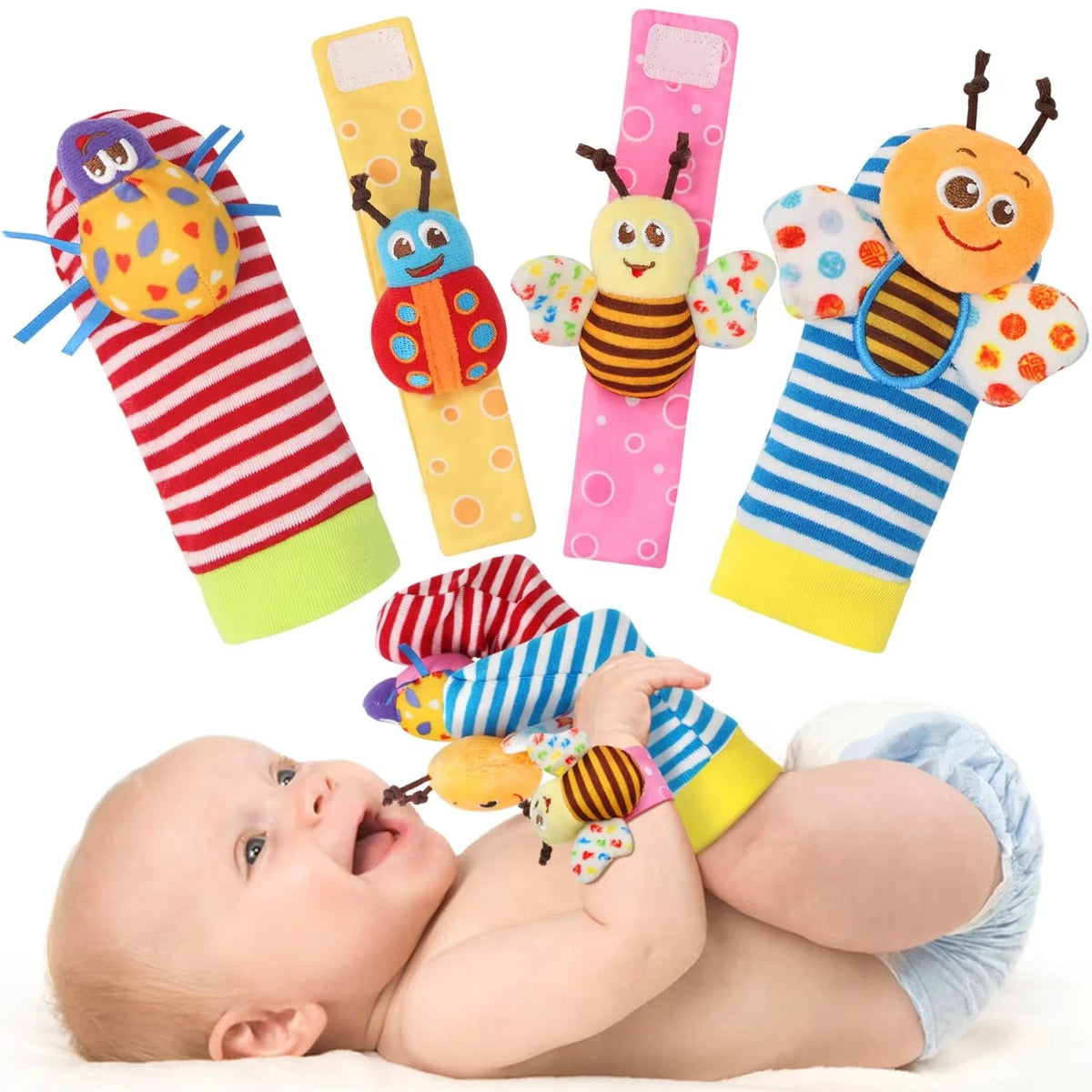 Baby Wrist Rattles and Animal Socks Set for Sensory Development