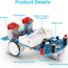 A DIY soldering kit for building a line-following robot showing components like a DC motor, battery power, and a wheel.
