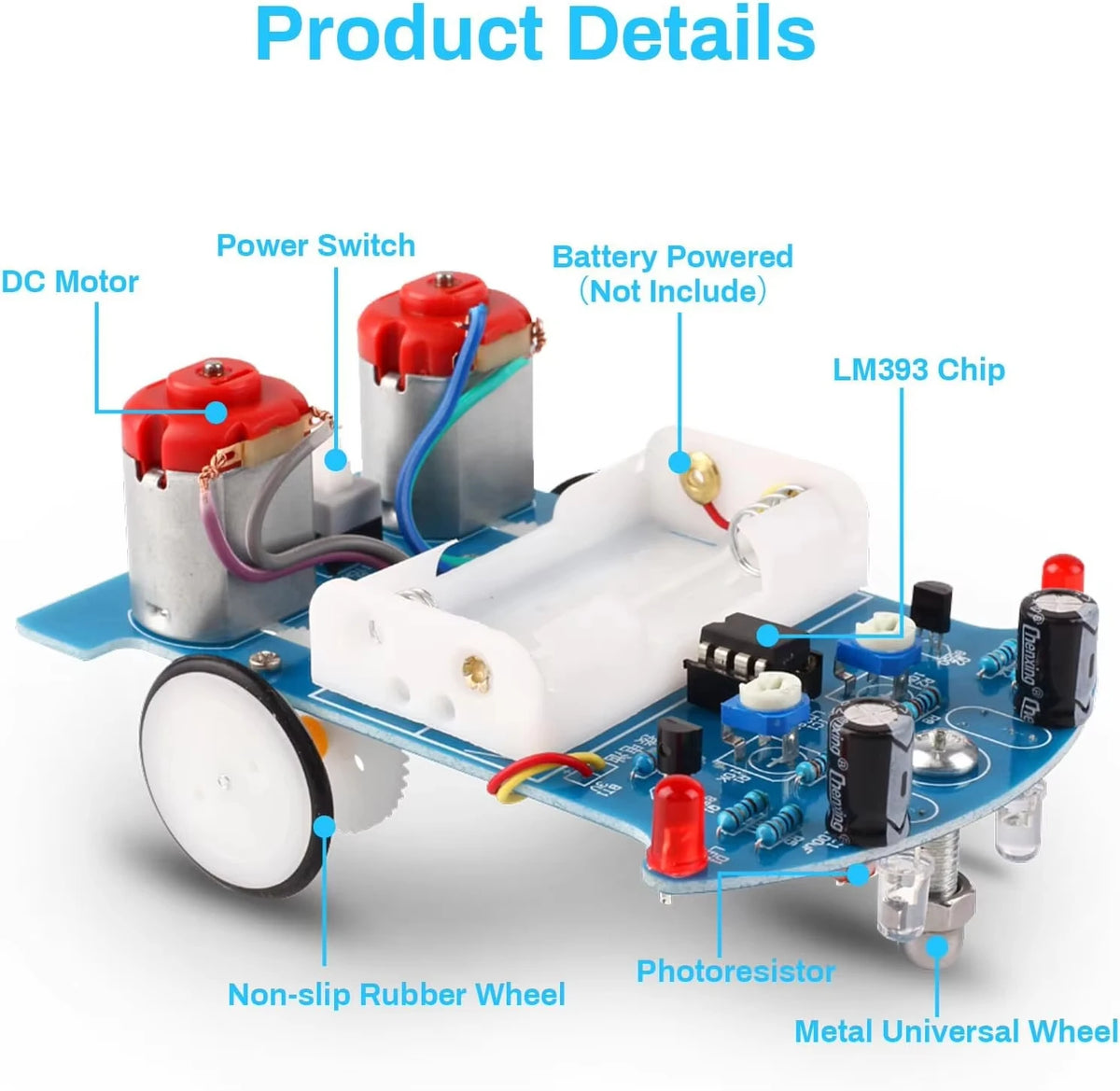 A DIY soldering kit for building a line-following robot showing components like a DC motor, battery power, and a wheel.