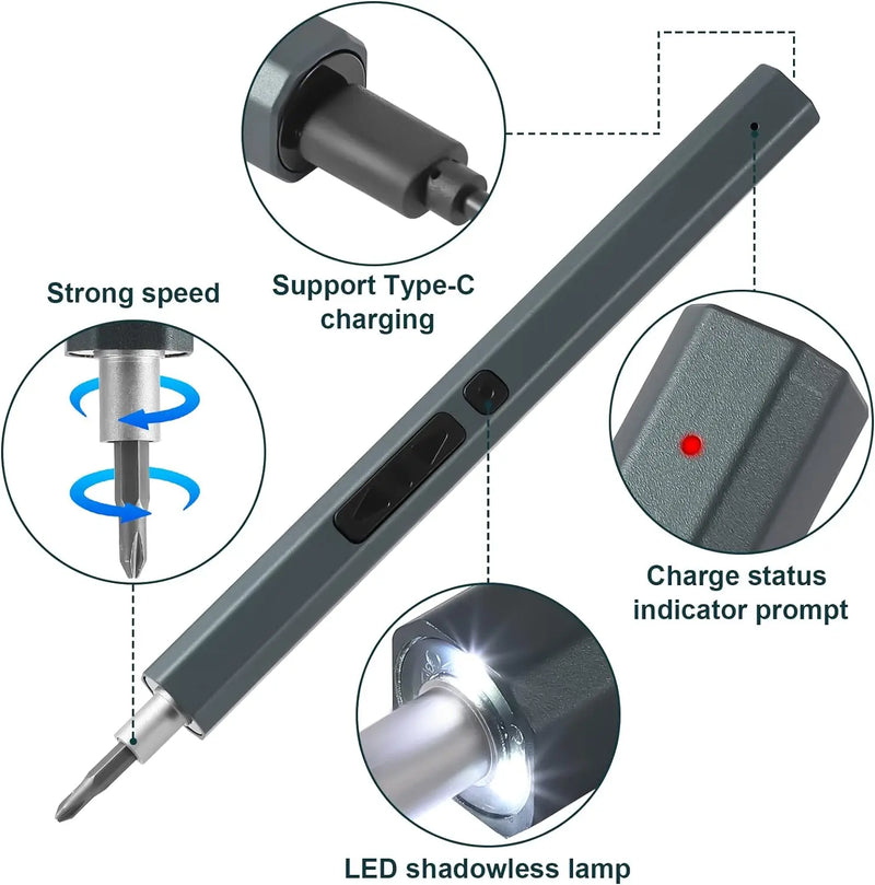 Cordless Electric Screwdriver with LED Light & Type-C Charging