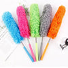 A collection of colorful telescopic microfiber dusters with flexible stainless steel handles in blue, pink, green, gray, and 