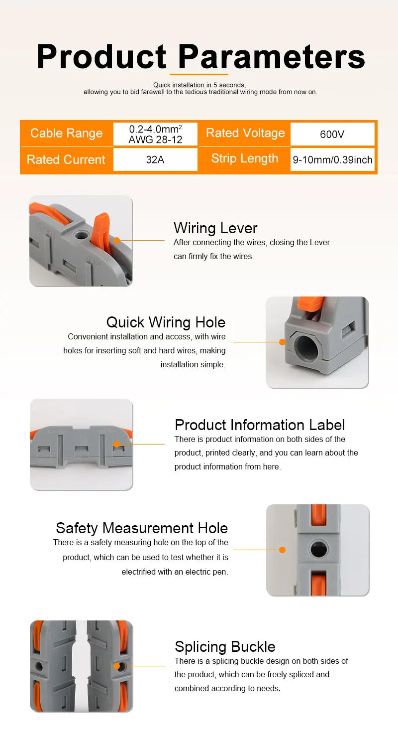 Diagrams showing the parameters, wiring lever, hole, label, safety measurement hole, and splicing buckle of electrical wire c