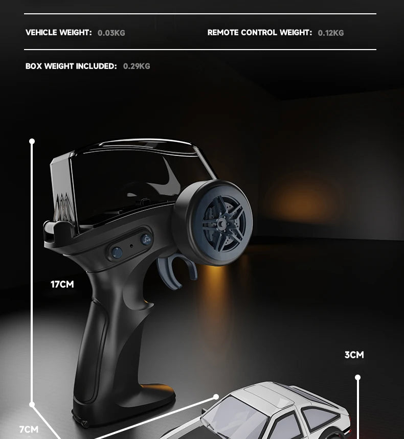 A black remote control car is shown next to a scale model of a white 4WD drift car.