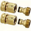 A set of two solid brass garden hose quick connectors, showing both male and female ends.