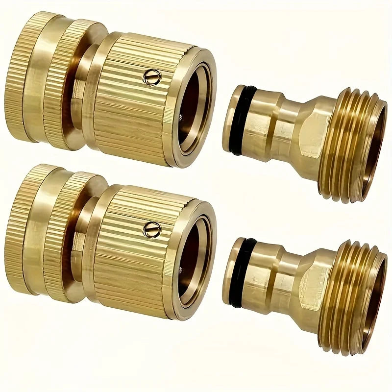 A set of two solid brass garden hose quick connectors, showing both male and female ends.