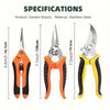 Three pairs of orange and yellow stainless steel garden shears with safety locks shown side by side
