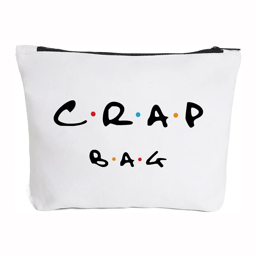 A white zippered pouch with black text that reads CRAP BAG