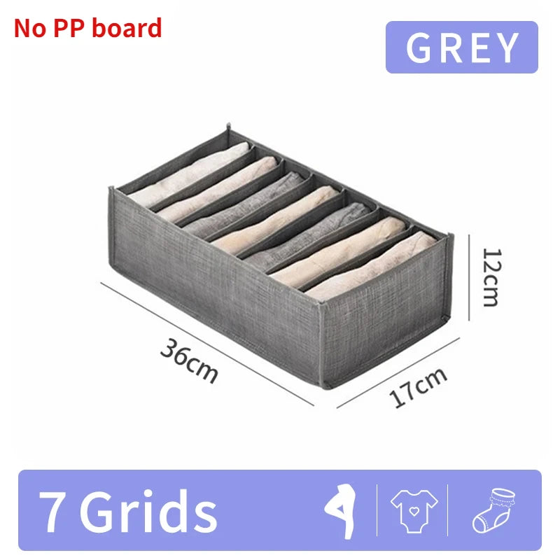 Grey foldable closet organizer box with seven grids for storing underwear, socks, and accessories