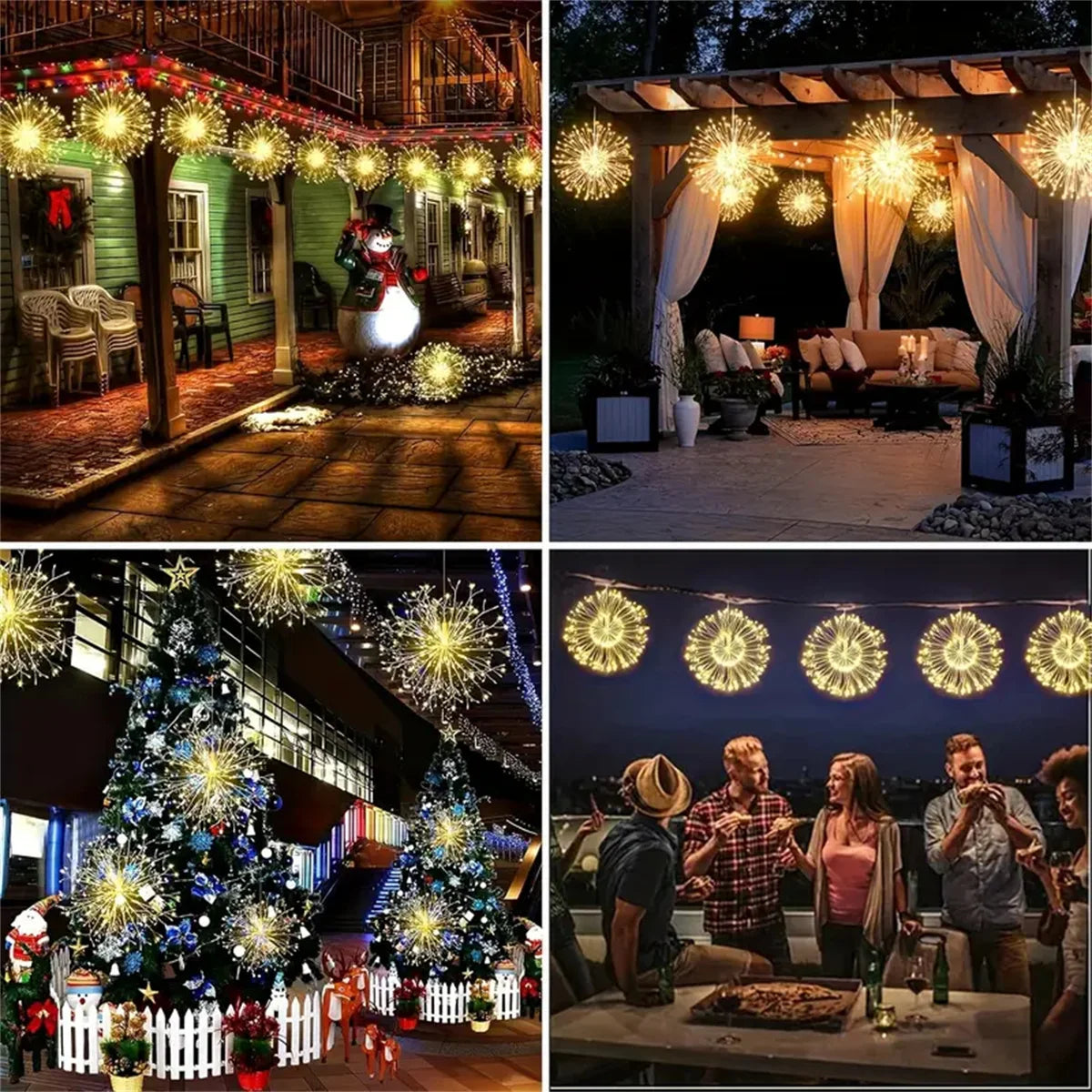 A display of USB-powered LED fairy lights with eight different modes illuminating a festive scene.