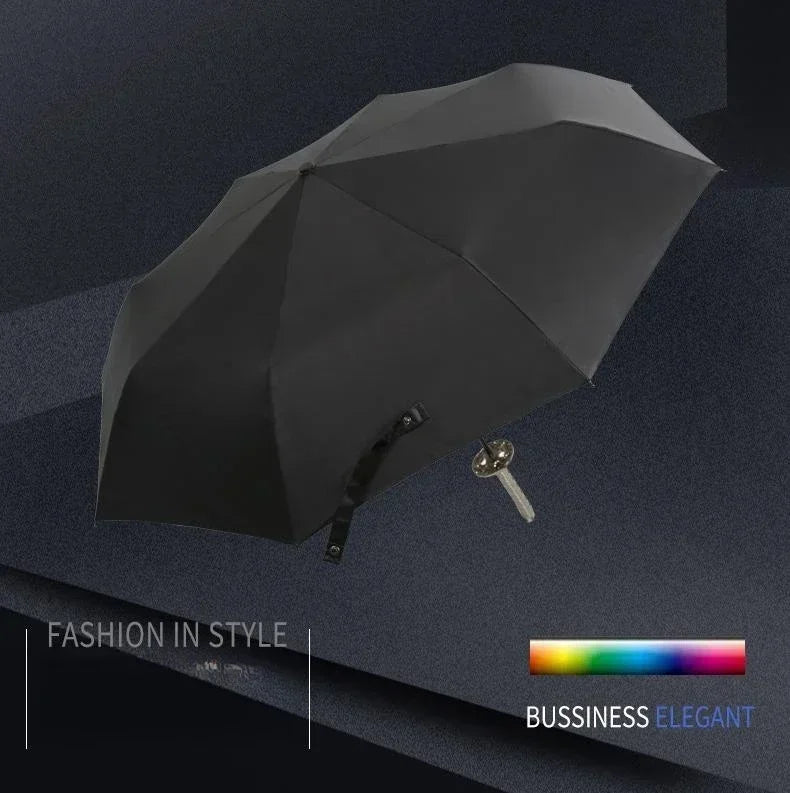 A black, folding umbrella shaped like a katana is displayed against a dark blue background.