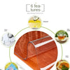 A wooden table protector with a clear PVC surface, showing six features like oil proof and anti-scald.