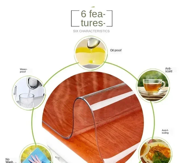 A wooden table protector with a clear PVC surface, showing six features like oil proof and anti-scald.