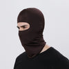 A person wearing a dark brown windproof full face balaclava against a light background.