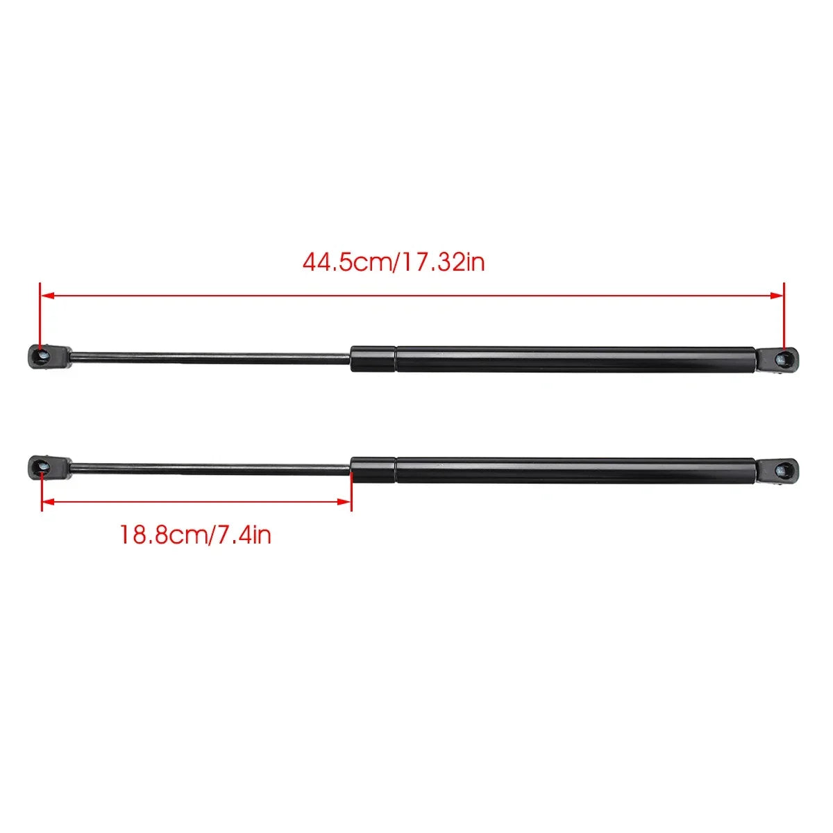 A pair of black heavy-duty hood lift supports for a Jeep Liberty, showing the length of 44.5cm/17.32in and 18.8cm/7.4in.