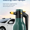 A green electric foam sprayer bottle is shown next to a white car, demonstrating its use for efficient car washing.
