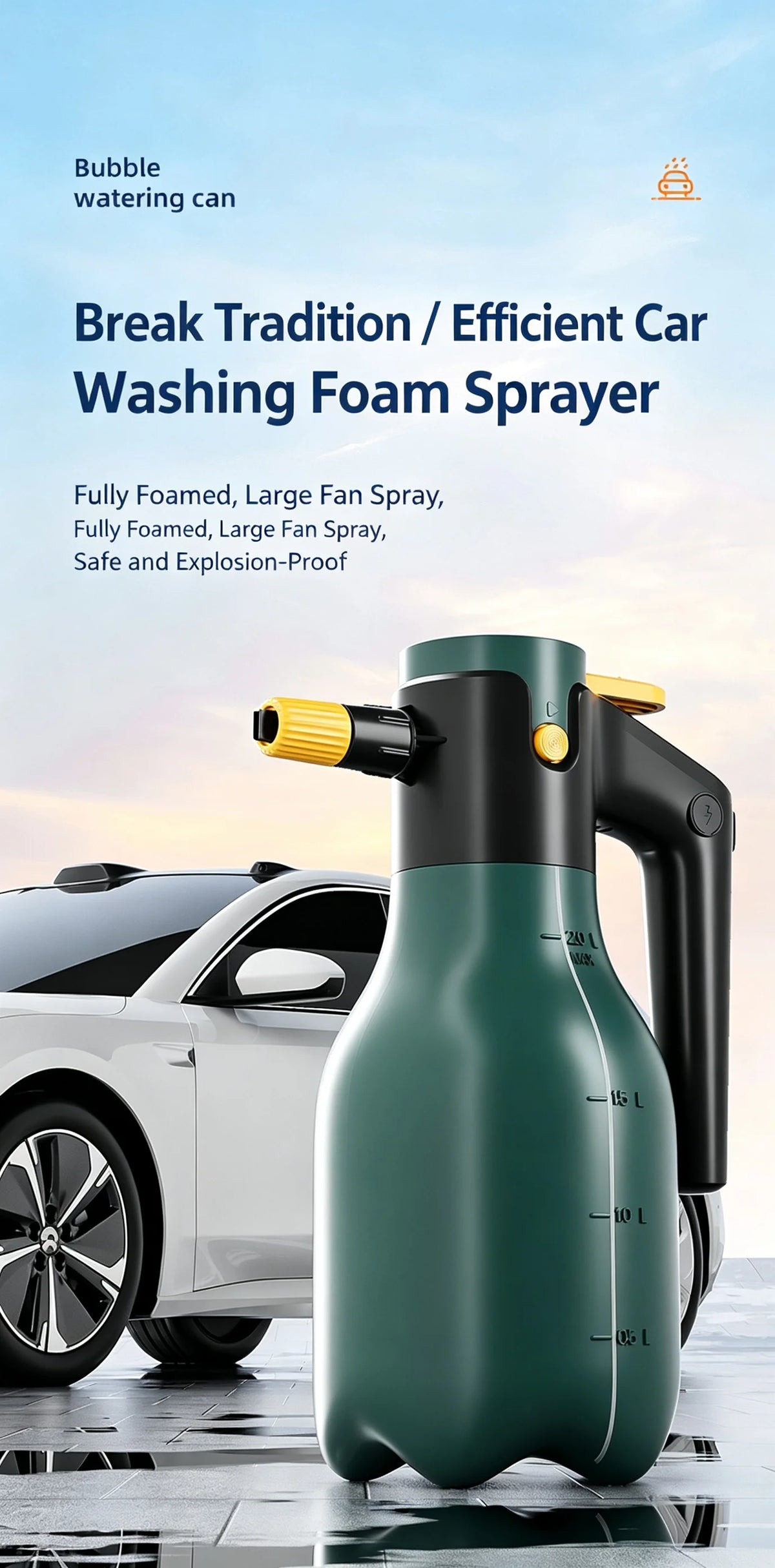 A green electric foam sprayer bottle is shown next to a white car, demonstrating its use for efficient car washing.