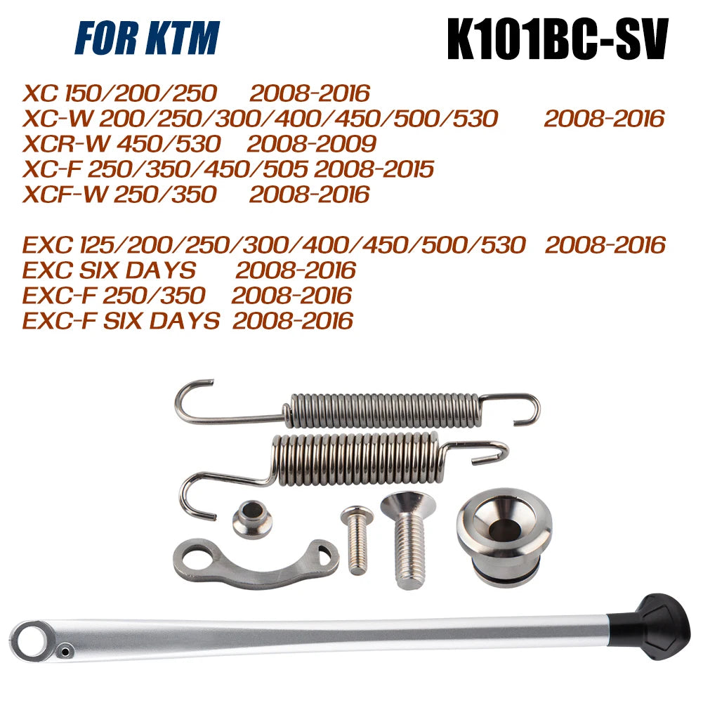 KTM side stand kit featuring a metal rod and spring components for motorcycles.