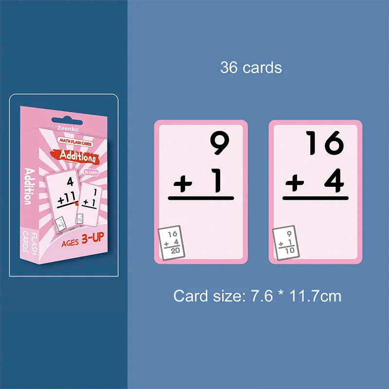 A set of 36 math flash cards featuring addition problems for kids, including cards with numbers and plus signs.