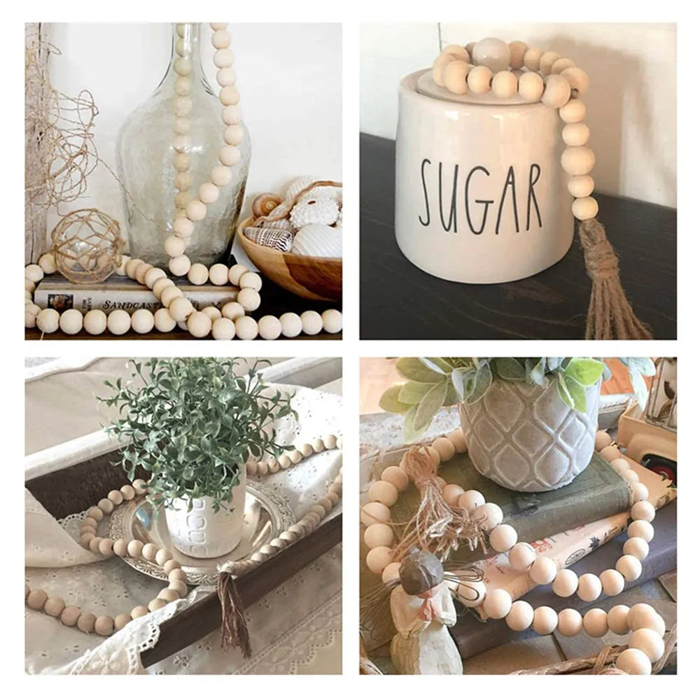 Handcrafted Natural Wood Bead Garland with Tassels for Boho & Farmhouse Decor
