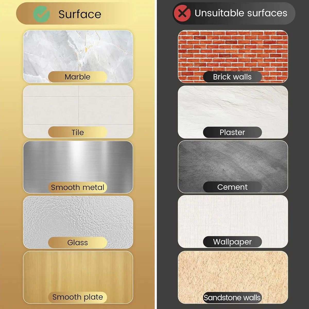 A comparison chart showing suitable and unsuitable surfaces for suction cup hooks, including marble, brick walls, plaster, ce