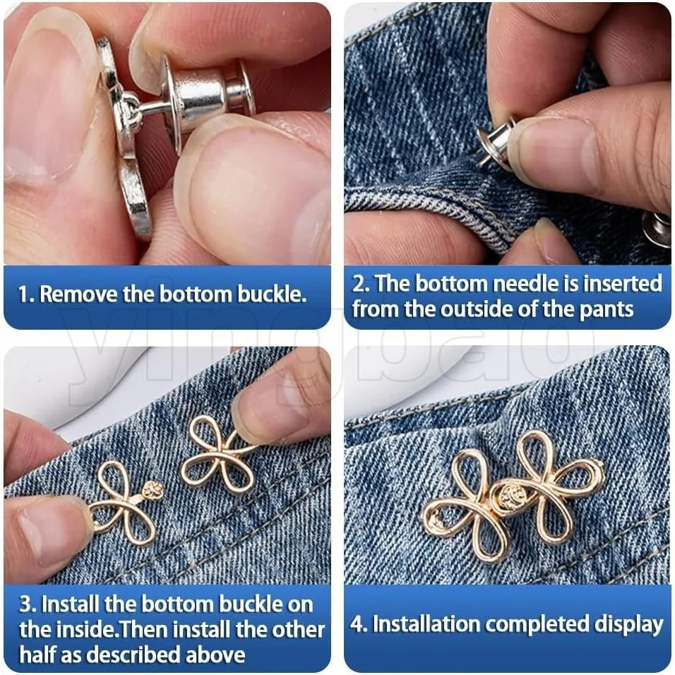 Step-by-step instructions showing how to install an adjustable clover waist tightener buckle on pants.