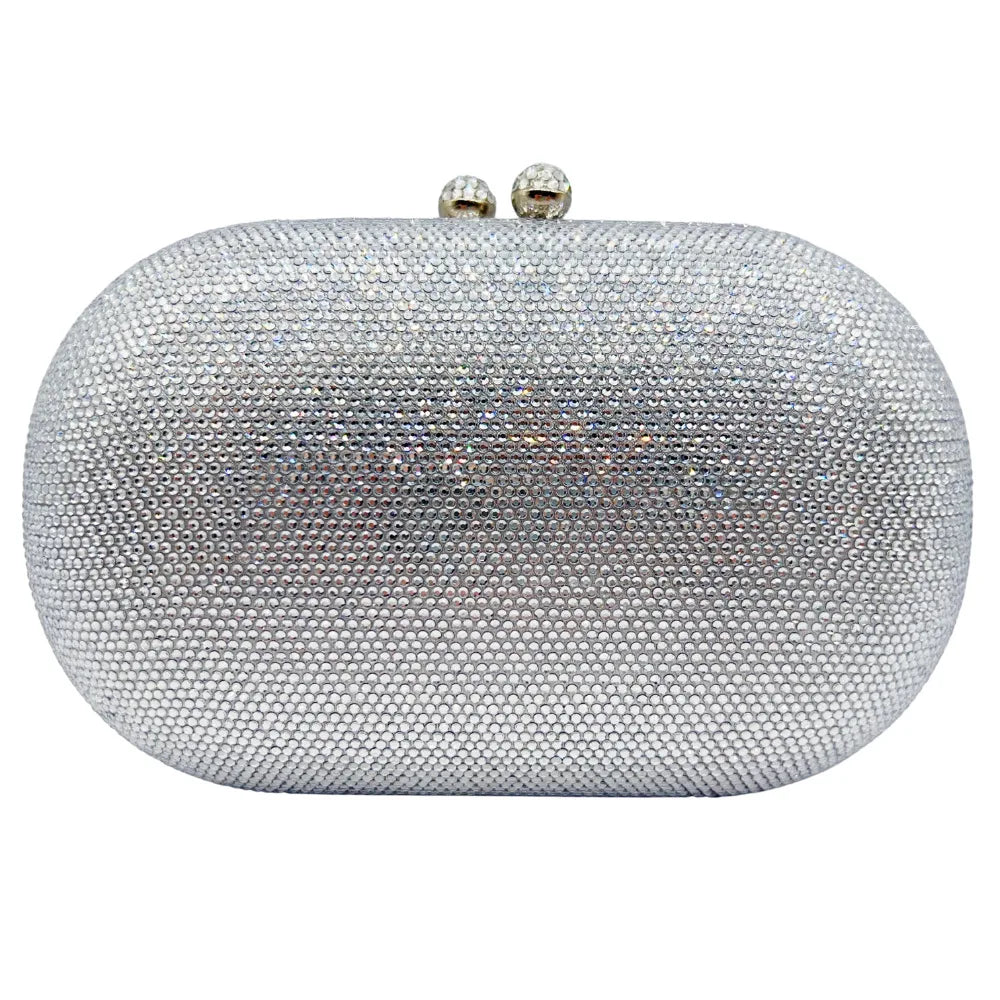 Pochette de soirée en strass argenté avec une bandoulière à chaîne