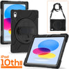 A black shockproof case with a stand for an iPad 10th generation tablet is shown alongside its disassembled components.