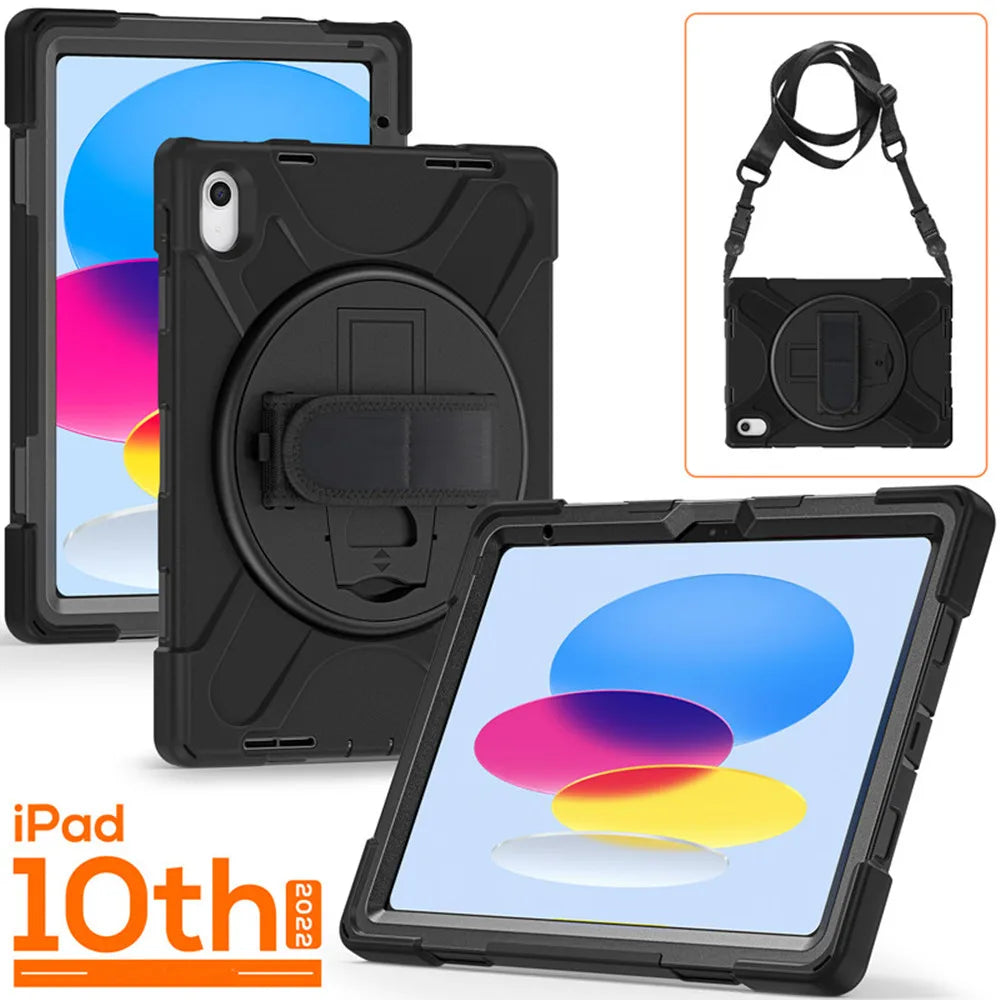 A black shockproof case with a stand for an iPad 10th generation tablet is shown alongside its disassembled components.
