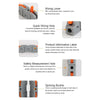 Diagram showing various features of a lever wire connector including the wiring lever, quick wiring hole, product information