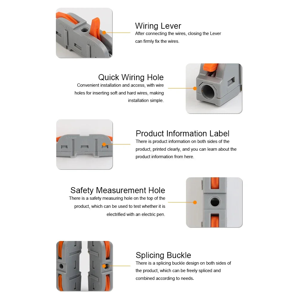 Diagram showing various features of a lever wire connector including the wiring lever, quick wiring hole, product information