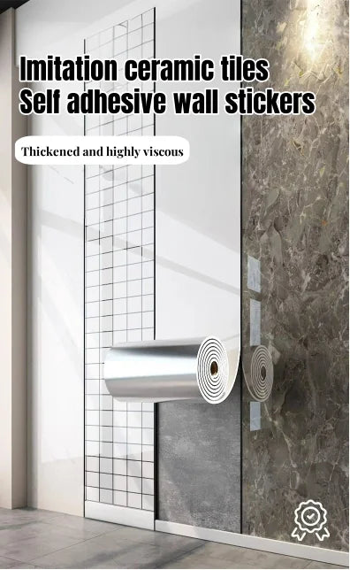 Roll of imitation ceramic tiles self-adhesive wall stickers shown next to a marble surface.